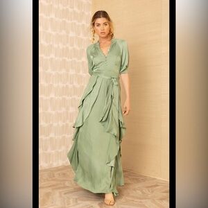 Hale Bob Elegant Sage Green Wrap Maxi Dress - Women M. NWT.